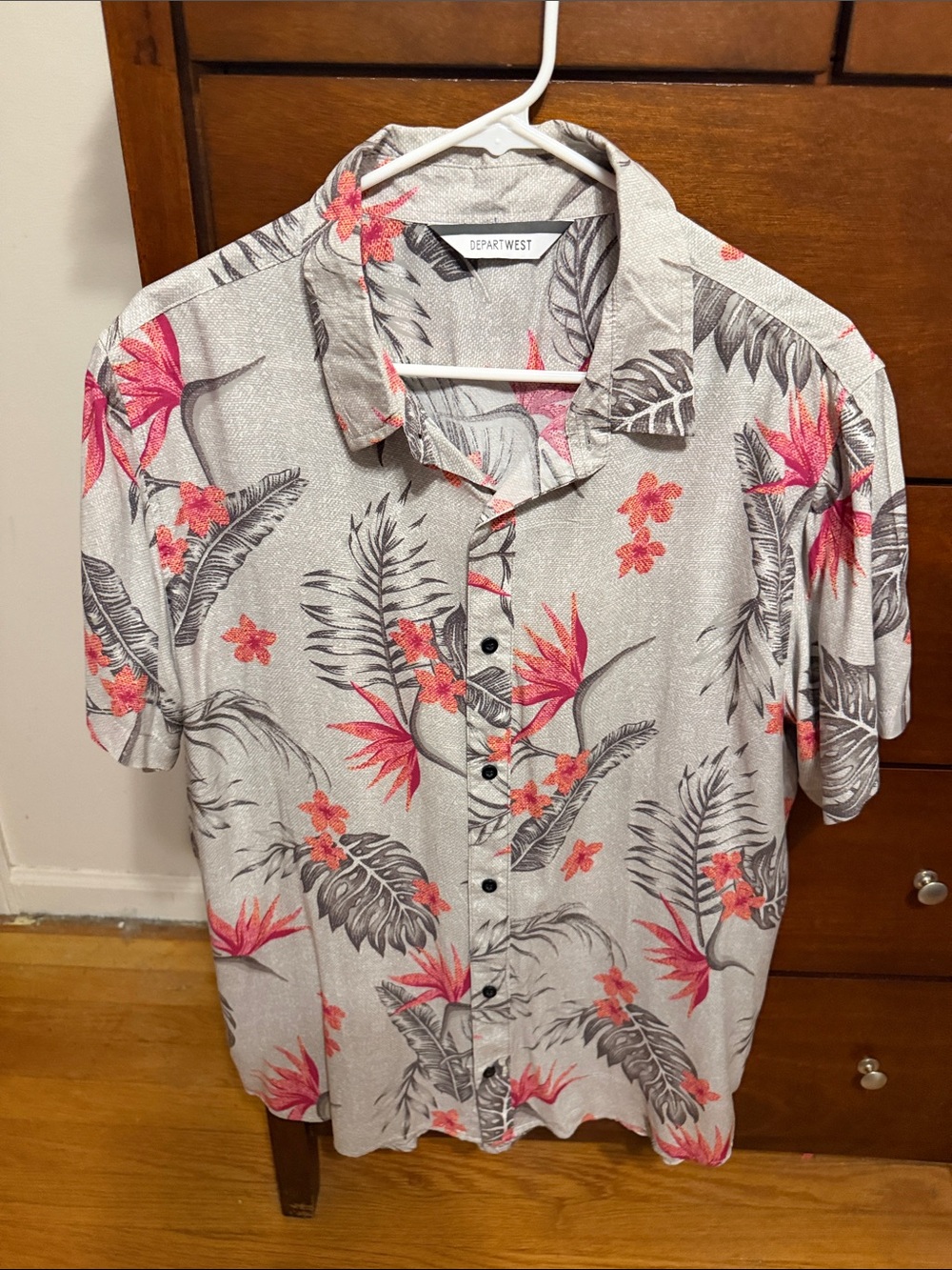 Departwest Men's Gray Short Sleeve Floral Button-Down Shirt with Pink Accents